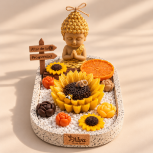 altar de prosperidad con buda y girasol
